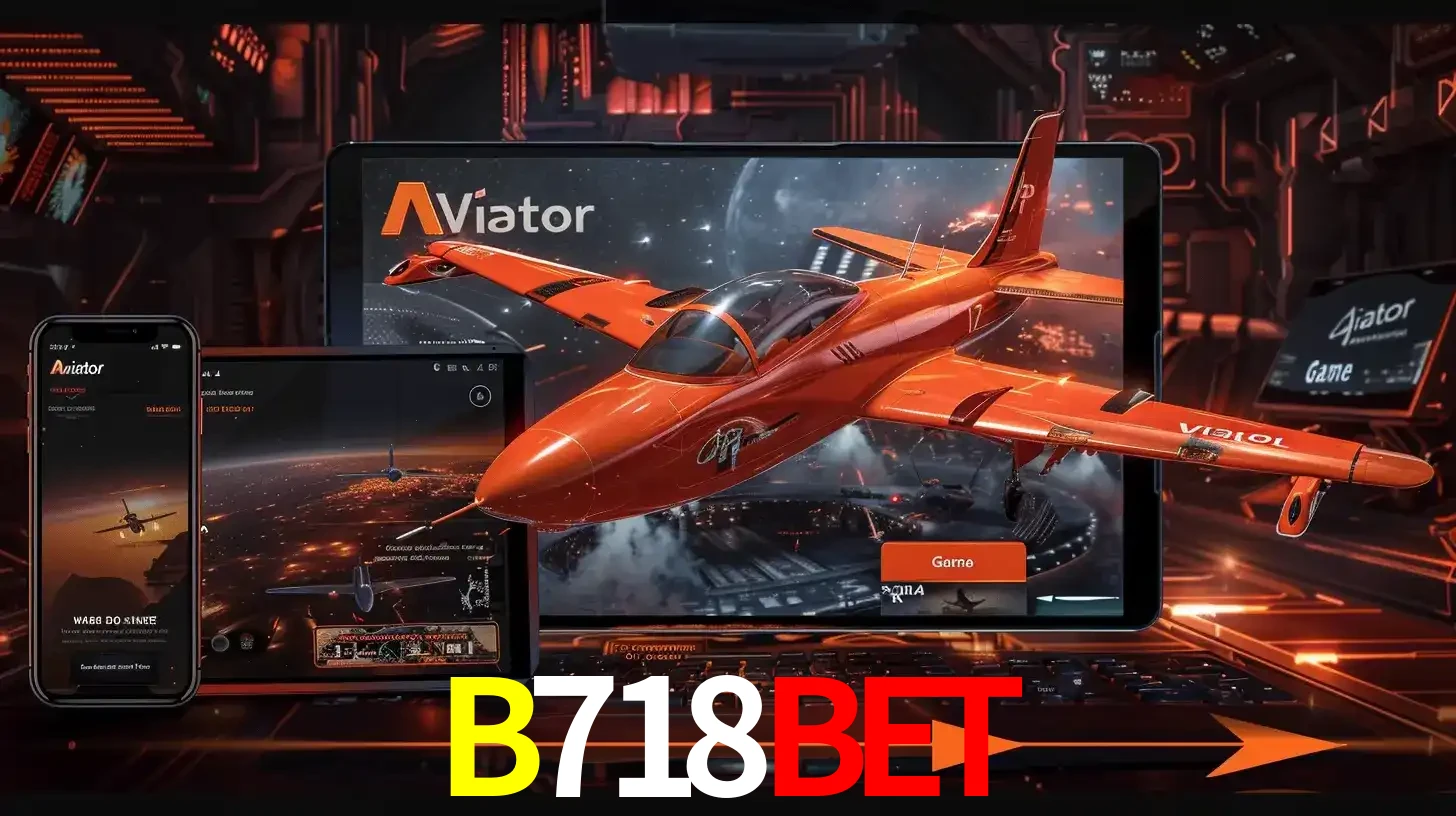 Apresentação tecnológica do jogo Aviator com um avião saindo da tela de um tablet, demonstrando a experiência imersiva em múltiplos dispositivos no B718BET.