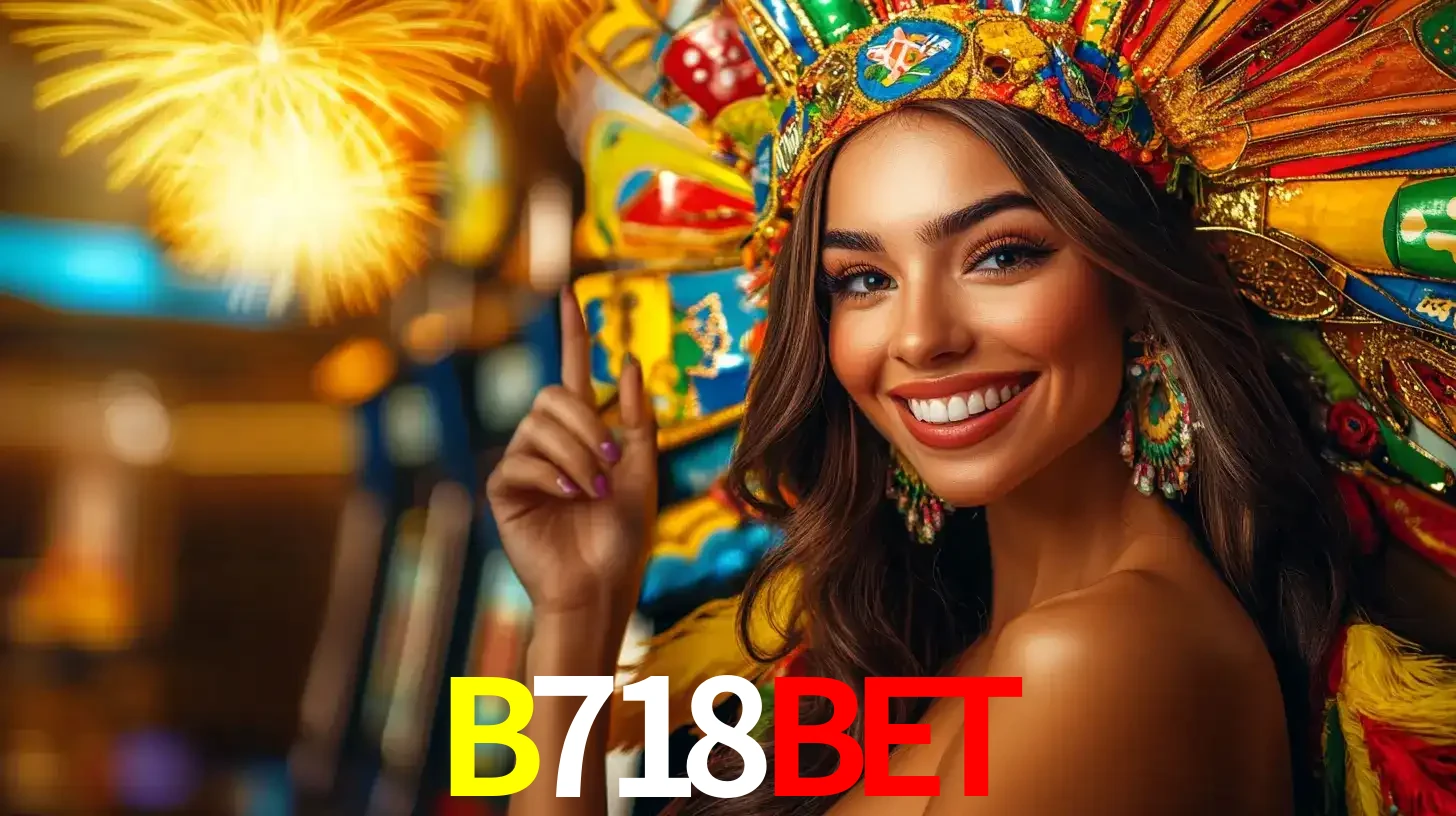 Mulher sorridente com um cocar de carnaval vibrante e colorido, celebrando uma grande vitória nos jogos do cassino B718BET com fogos de artifício ao fundo.