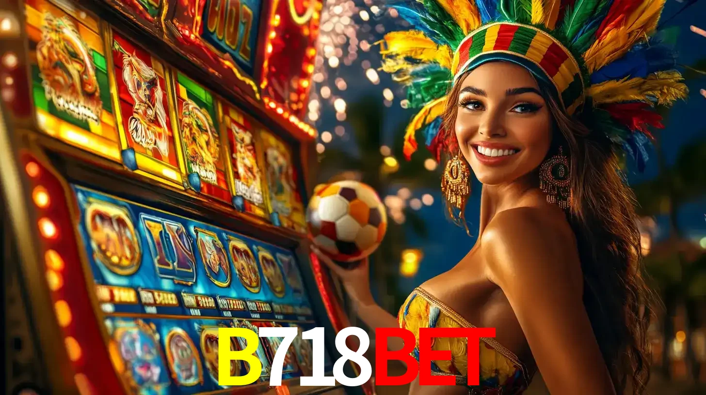 Mulher com um cocar de carnaval ao lado de uma máquina de caça-níqueis enquanto segura uma bola de futebol, mostrando a união da diversão de cassino e esportes no B718BET.