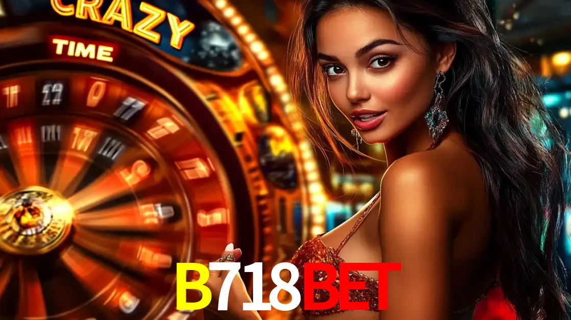 Mulher ao lado da roda de prêmios do jogo de cassino ao vivo Crazy Time, um dos shows de jogos mais emocionantes oferecidos pela plataforma de apostas B718BET.