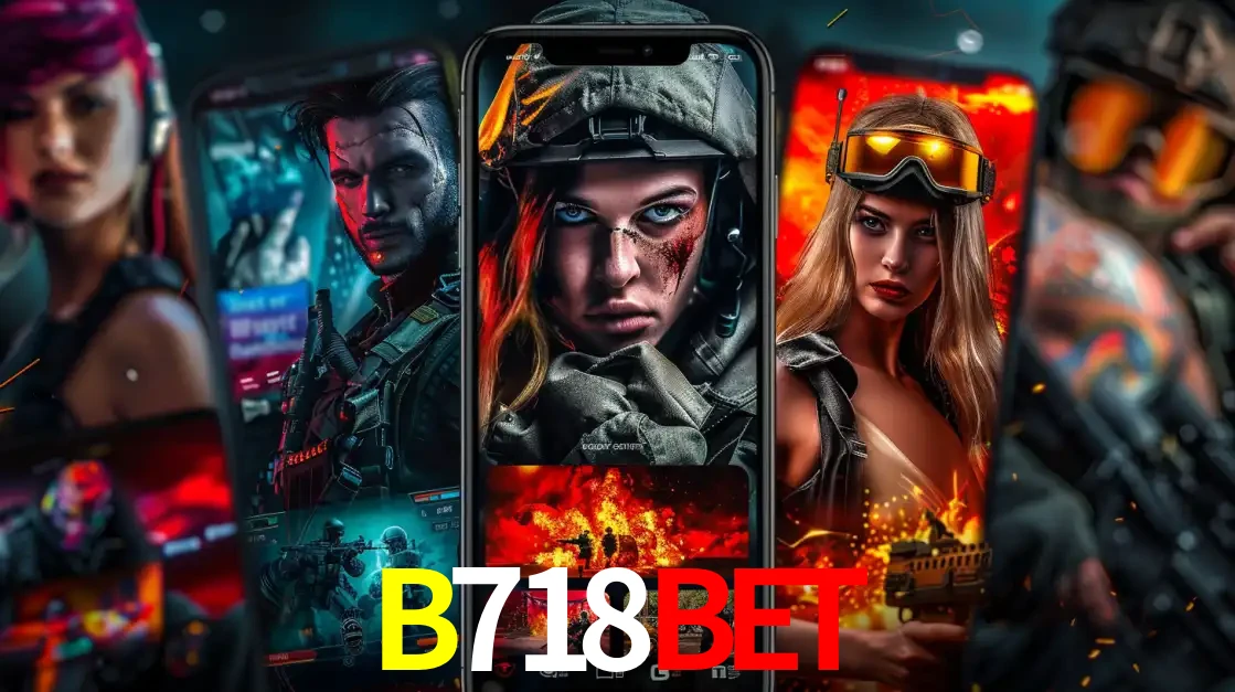 Montagem de telas de celular mostrando diversos personagens, masculinos e femininos, de um jogo de tiro, ilustrando a diversidade de equipes de e-sports para apostar no B718BET.