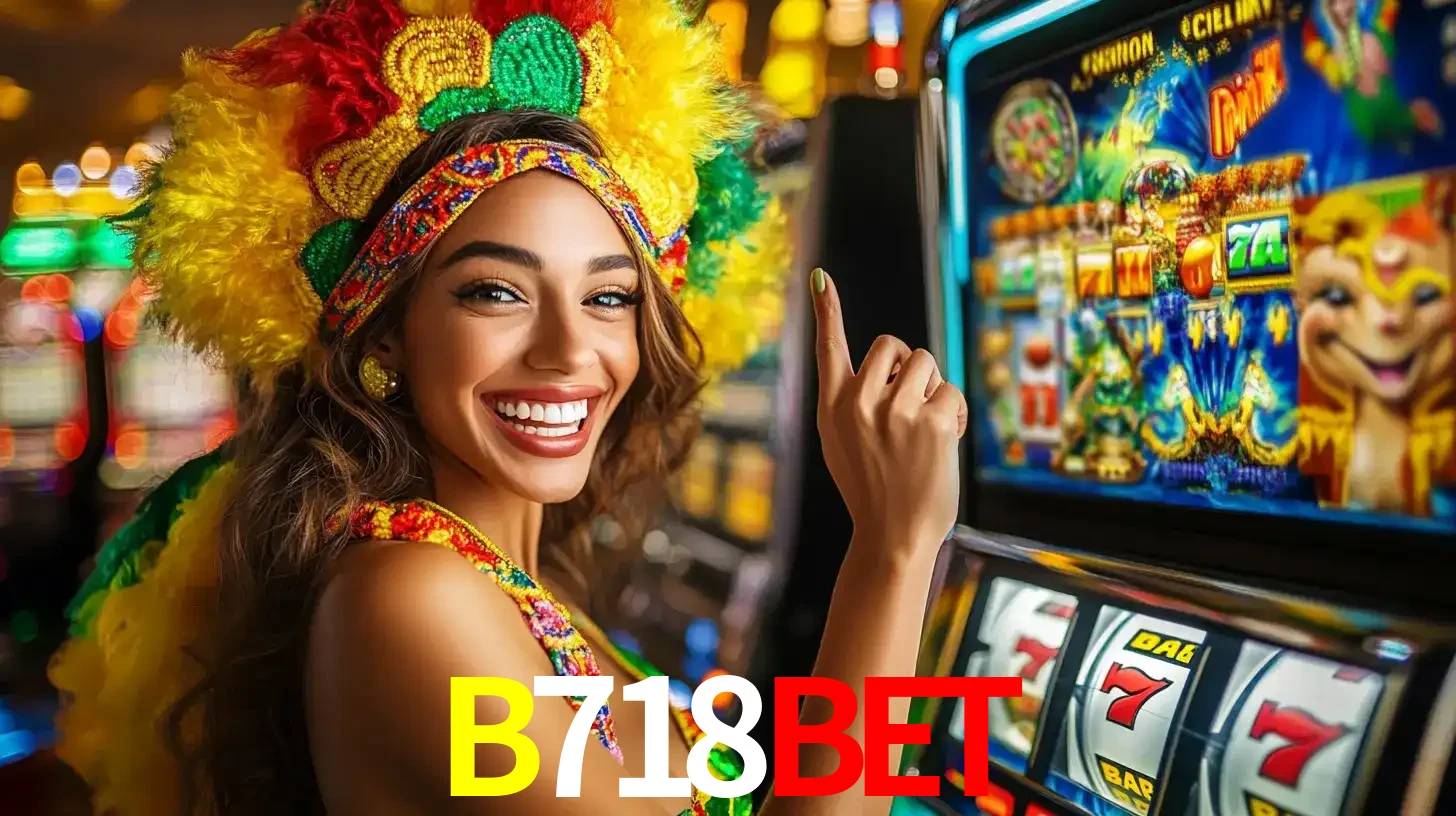 Mulher animada com um cocar de carnaval apontando para uma máquina de caça-níqueis, mostrando a emoção de ganhar um grande prêmio nos jogos do B718BET.