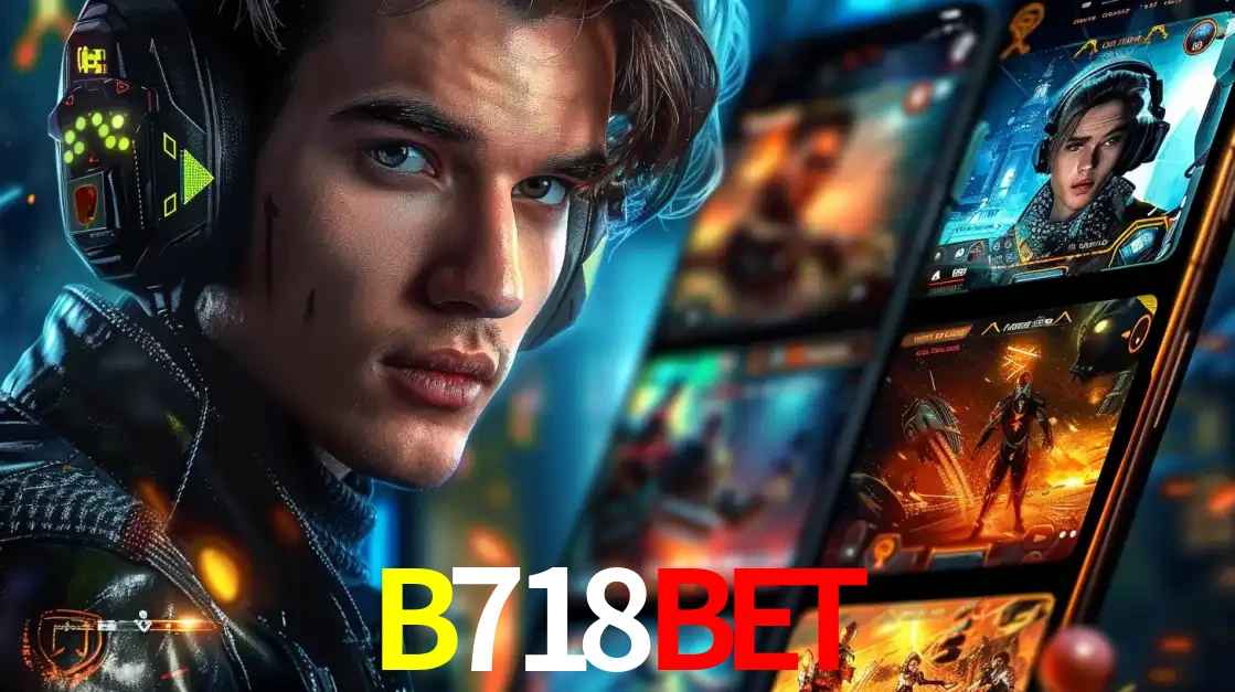 Jovem jogador com fones de ouvido olhando para a câmera, com um aplicativo de jogos e e-sports para celular ao fundo, pronto para a competição e apostas no B718BET.