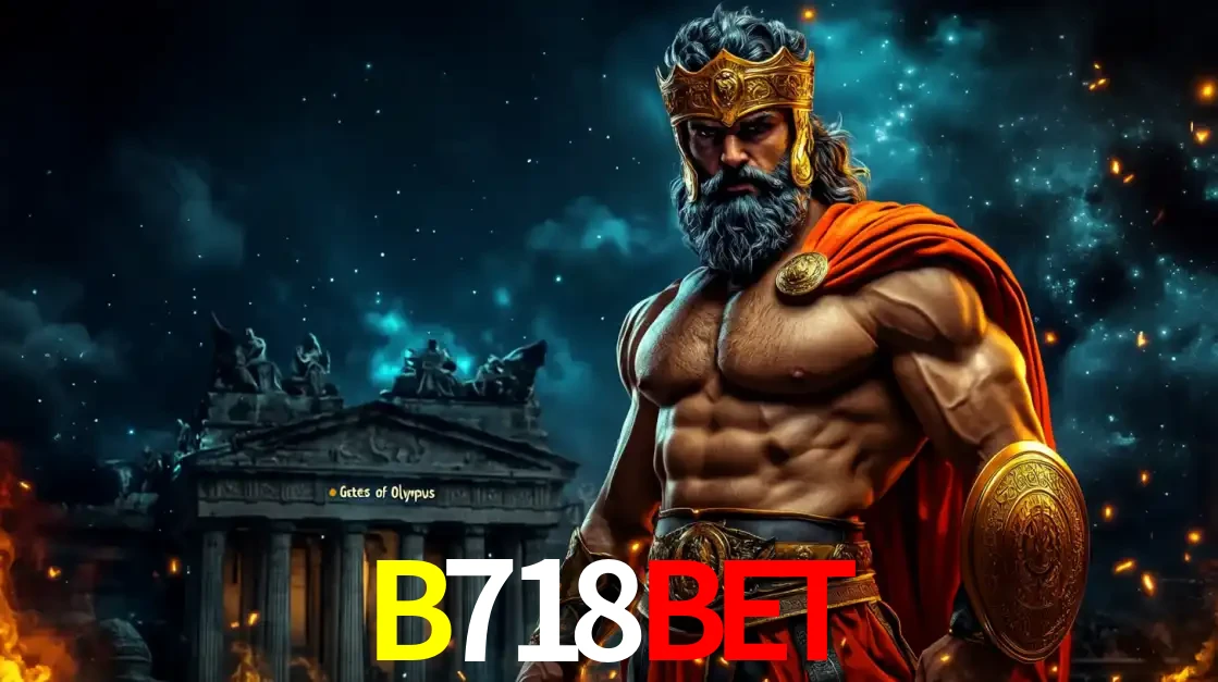O poderoso Zeus do jogo de slot Gates of Olympus em frente ao seu templo, pronto para lançar multiplicadores divinos e prêmios épicos no cassino online B718BET.