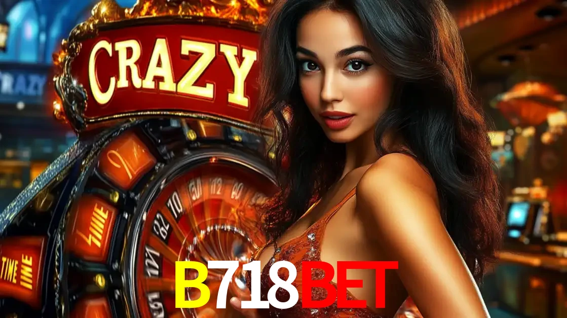 Mulher glamourosa olhando para a câmera com a roda vermelha do Crazy Time ao fundo em um ambiente de cassino, destacando a emoção dos jogos ao vivo no B718BET.