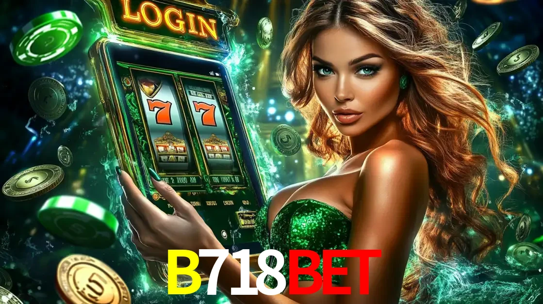 Mulher com tema verde apresentando o aplicativo do cassino B718BET com um jogo de slot de 777, cercada por fichas de cassino e uma aura de sorte.