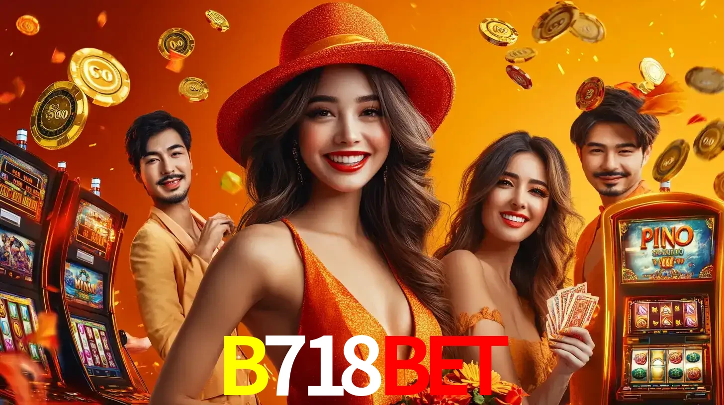 Grupo de amigos asiáticos sorrindo e se divertindo com máquinas de caça-níqueis em um ambiente festivo, celebrando suas vitórias nos jogos de cassino do B718BET.