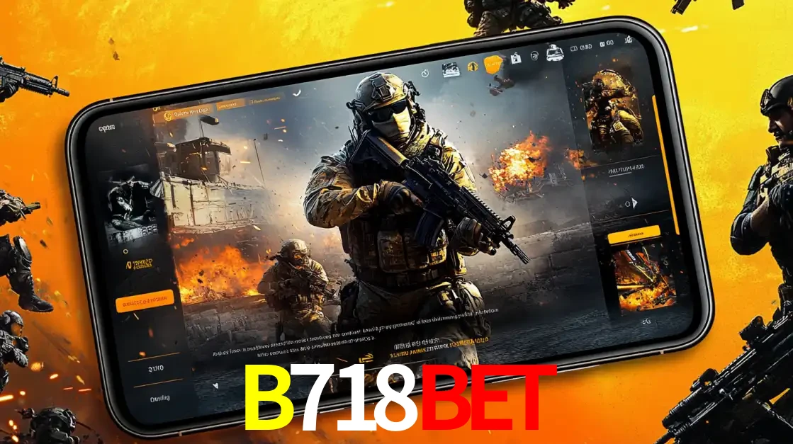 Um smartphone exibindo a interface de um jogo de tiro em primeira pessoa, com um soldado em um cenário de batalha, representando a ação dos e-sports para apostar no B718BET.