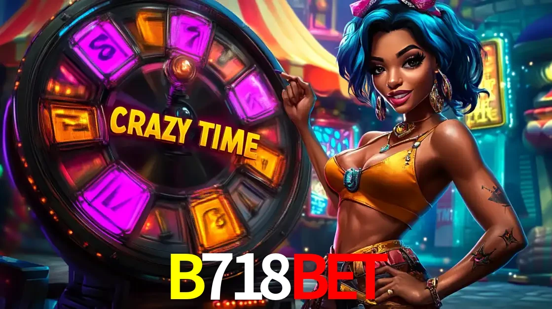 Mulher estilizada com cabelo azul e visual vibrante posando ao lado da roda de prêmios do game show Crazy Time, convidando para a diversão e os bônus do cassino B718BET.