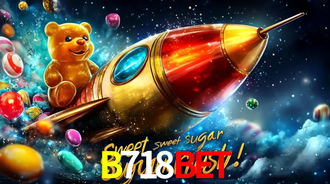 Arte promocional do jogo de slot Sugar Rush, com um urso de pelúcia em um foguete viajando pelo espaço de doces, um dos jogos divertidos disponíveis no cassino B718BET.