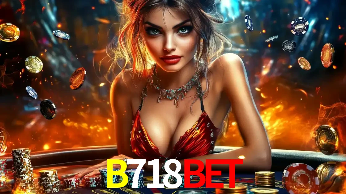 Mulher em uma mesa de cassino com pilhas de fichas e um fundo de fogo, pronta para uma rodada de altas apostas nos jogos de mesa emocionantes do cassino B718BET.