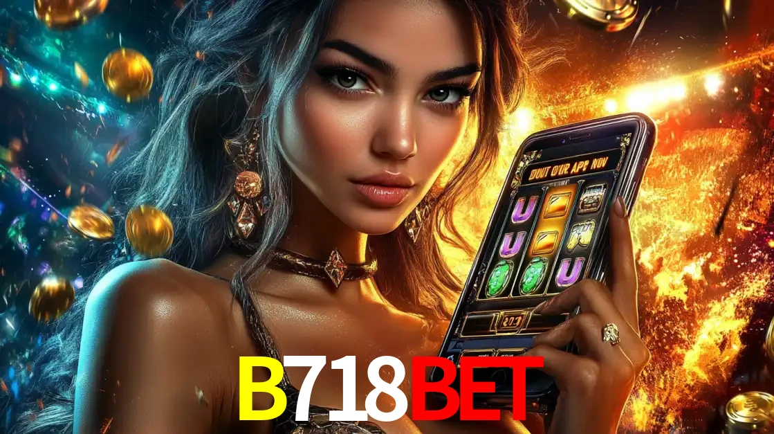 Mulher elegante mostrando um jogo de caça-níqueis em seu smartphone, destacando a experiência de cassino móvel oferecida pelo aplicativo B718BET.
