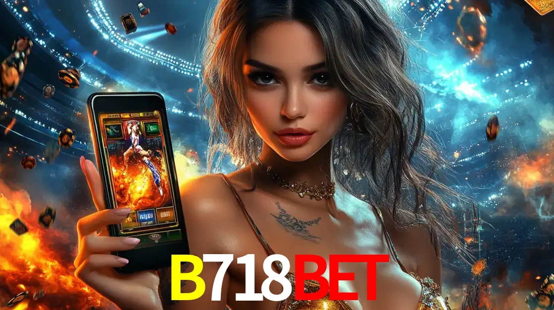 Mulher segurando um celular com um jogo de slot em destaque, tendo como fundo um estádio vibrante, simbolizando a emoção de jogar no cassino móvel B718BET.