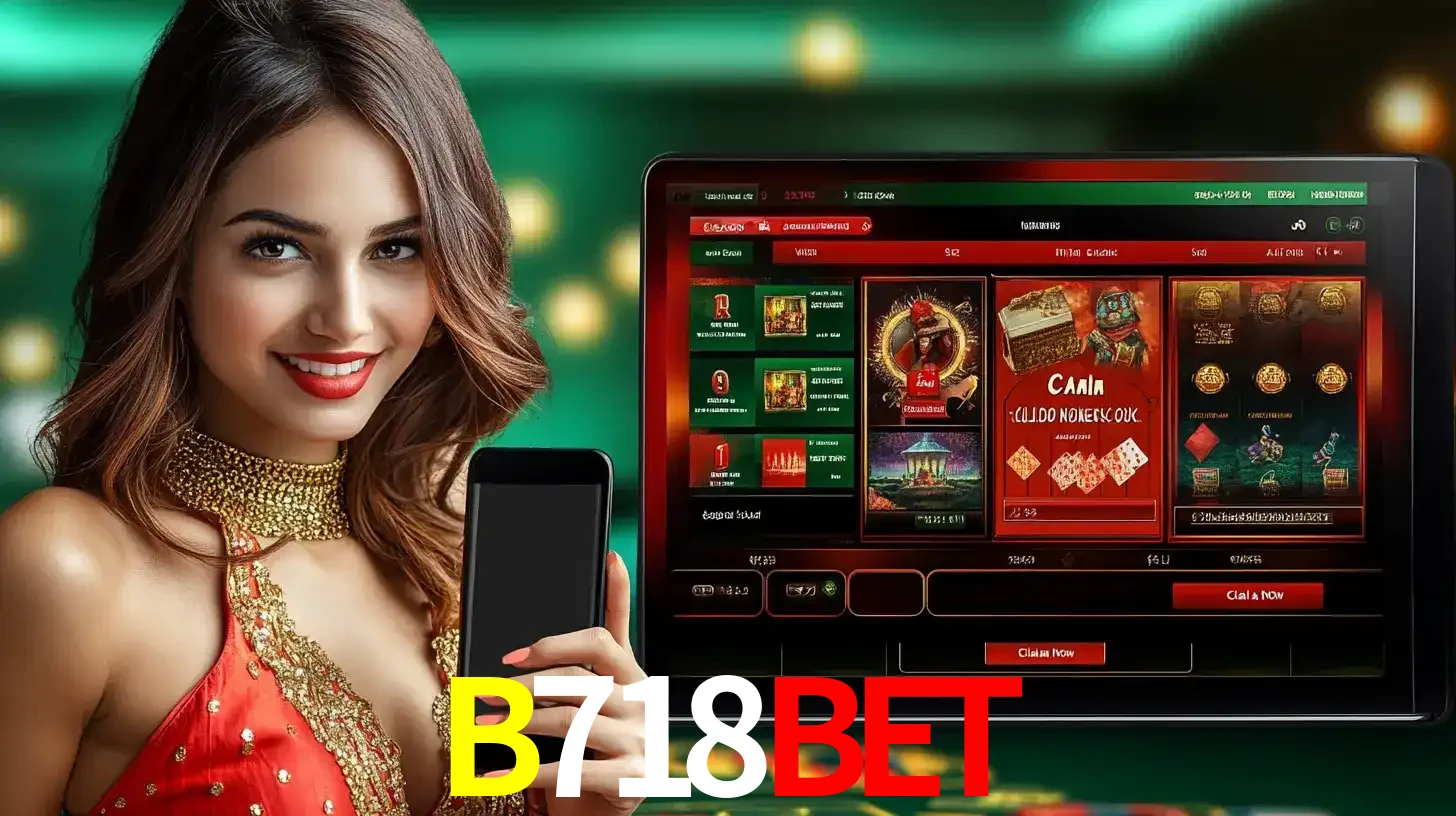 Mulher sorridente segurando um smartphone, ao lado de uma tela exibindo o lobby de jogos do cassino online B718BET, com várias opções de jogos de cartas e slots.